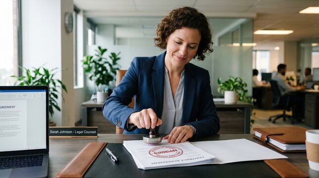 Woman with curly hair stamping document in a modern office environment glass walls business district meeting room
