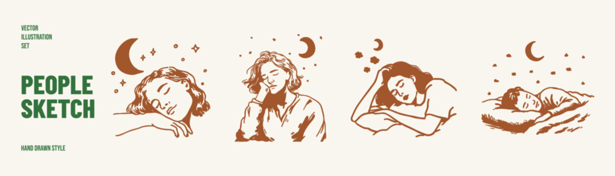 Sleeping people night rest calm dreaming relaxation set. Characters lying with moon and stars symbols in peaceful pose. Illustrations for sleep habits and wellness topics in crayon drawn sketch style.