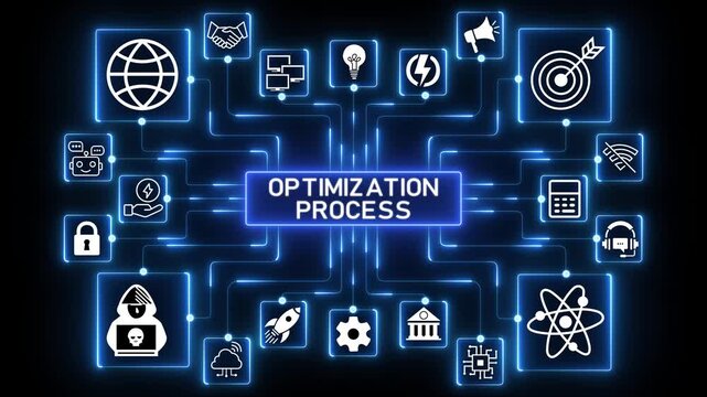 Optimization process network animation with connected technology icons, glowing data nodes and digital performance improvement workflow visualization on dark background.4k Animation.