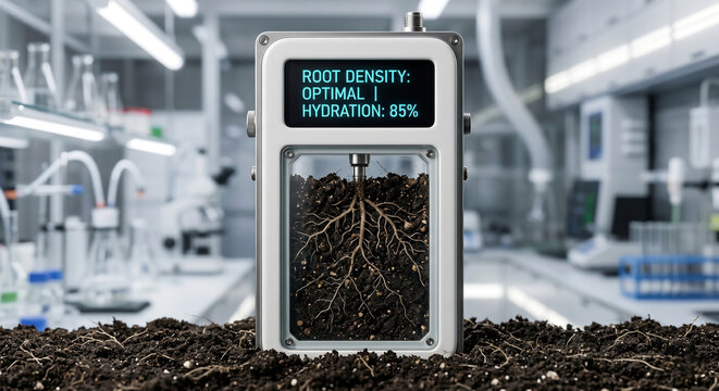 Soil analysis sensor device measuring plant root density and hydration levels in advanced scientific botany lab.