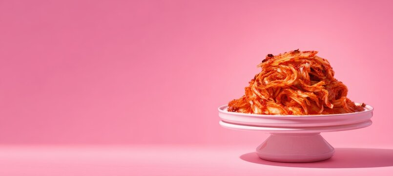 Long horizontal hero kimchi plated on pedestal - like plate with delicate shadows and huge unclutter