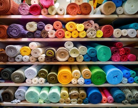 rolls of colourful fabric in fabric store