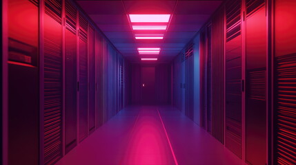 Fototapeta premium Server racks lining a long, dark corridor in a data center, illuminated by futuristic pink and blue neon lights creating a dynamic and technological atmosphere