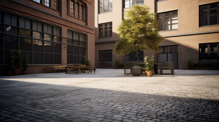 Naklejka premium Urban courtyard featuring brick buildings, a leafy green tree, and comfortable outdoor seating, subtly illuminated by natural afternoon light and casting long shadows on the cobblestone pavement