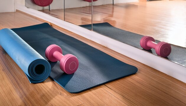 yoga mat and water bottle with pink dumbbell on wood floor aside mirror in fitness gym exercise room