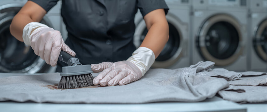 Women's gloved hands brushing a dirty stain on clothes at a dry cleaner's