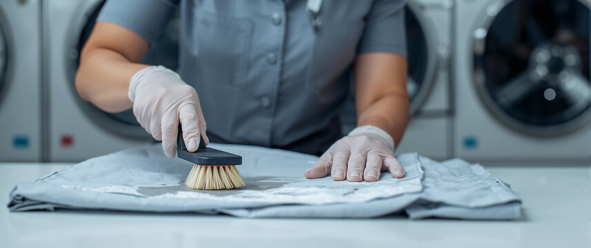 Women's gloved hands brushing a dirty stain on clothes at a dry cleaner's