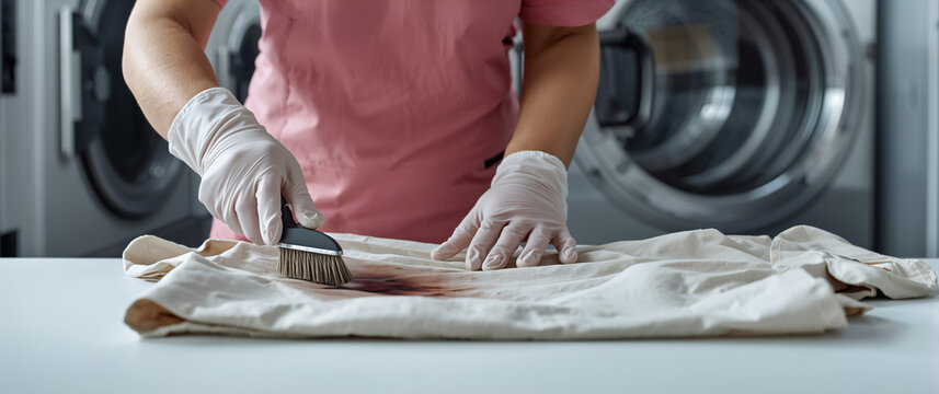 Women's gloved hands brushing a dirty stain on clothes at a dry cleaner's