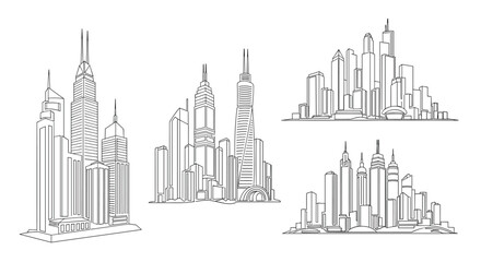 Fototapeta premium Line art illustrations of modern city skylines with skyscrapers and urban architecture in different perspectives for minimalist design.