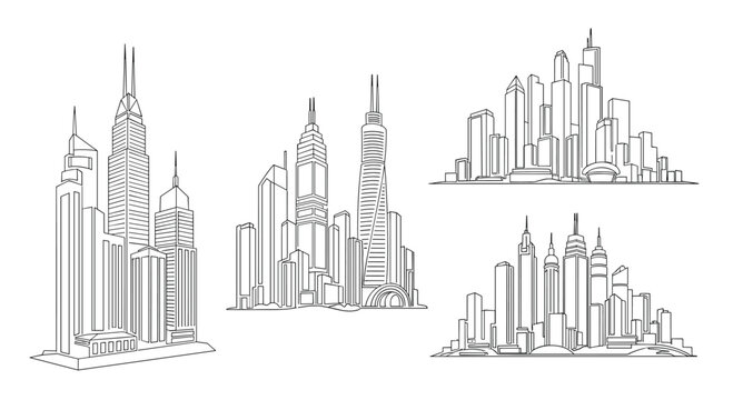 Line art illustrations of modern city skylines with skyscrapers and urban architecture in different perspectives for minimalist design.