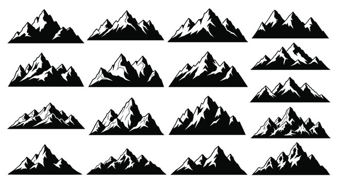 Set of black silhouette mountain ranges with white snow peaks for outdoor adventure logos travel branding and nature illustrations.