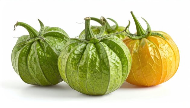 Fresh Green and Yellow Tomatillos Arranged on White Studio Background