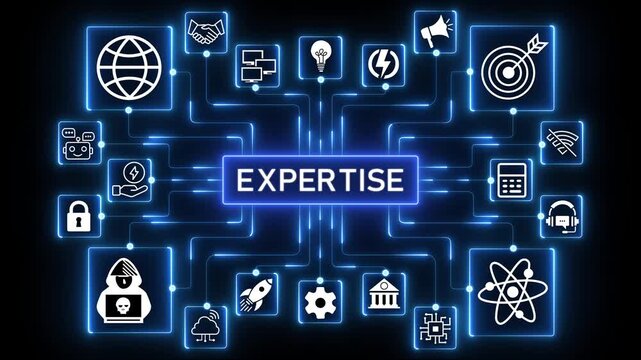 Expertise concept network animation with connected technology icons, glowing data nodes and professional knowledge workflow visualization on dark background.4k Animation.