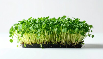 Naklejka premium Fresh Green Microgreens Growing in Black Tray on White Surface