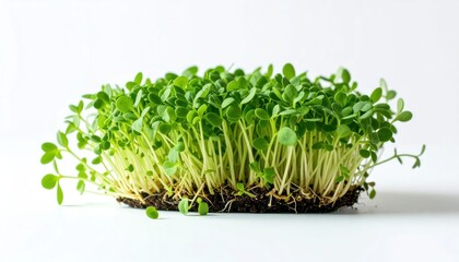 Naklejka premium Fresh Green Microgreens Growing in Soil on Clean White Background