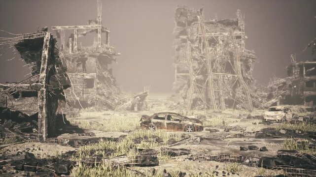 derelict towers rubble under haze, panoramic postindustrial landscape of collapsed concrete and twisted steel, distant silhouettes of skeletal structures,