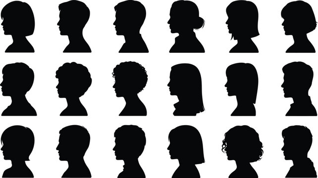 Human profile silhouettes diverse people head collection black vector set