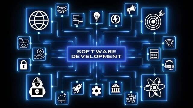 Software application and product development related to technology solutions for digital innovation, scalable systems and modern business platforms.4k Animation.