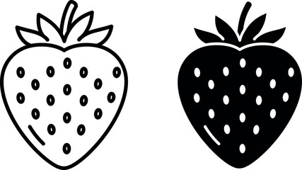 Outline and silhouette strawberry icons on white background showing fresh berries with seeds © EDA