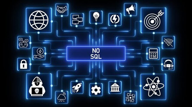 NoSQL database network animation with connected technology icons, glowing data nodes and distributed data system workflow visualization on dark background .4k Animation.