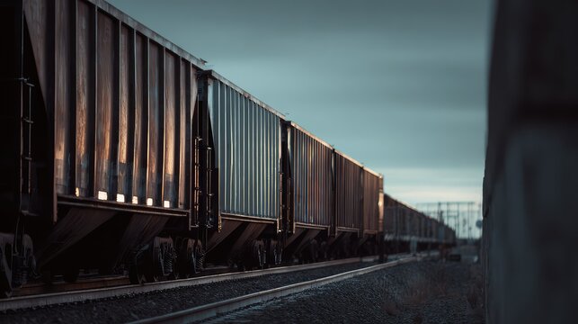 Freight train hopper cars moving along railway tracks, carrying bulk cargo and raw materials, reflecting warm evening light under a clear industrial sky