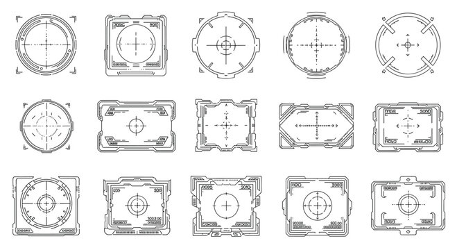 Technical set of fifteen head-up display interface elements showing different target reticles and aiming points in a clean thin line style.