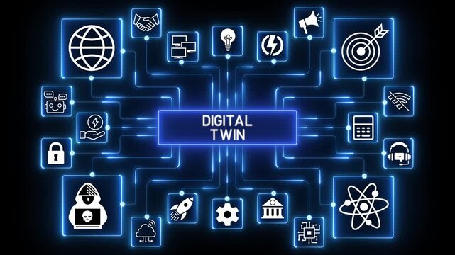 Digital twin network animation with connected technology icons and glowing data nodes, abstract virtual system modeling and simulation workflow visualization on dark background.4k Animation.