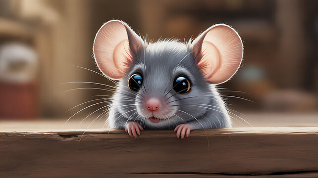 A cute small rodent with big ears peeks over a surface with a curious expression A cute mouse with big eyes peeking over a ledge. 