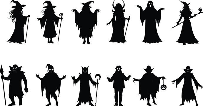 halloween monster silhouettes collection on a white background
