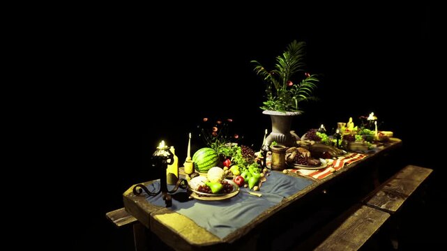 Elegant event decorations. Sophisticated dinner arrangement with floral accents. Formal gathering featuring ornate floral displays and fruit adornments