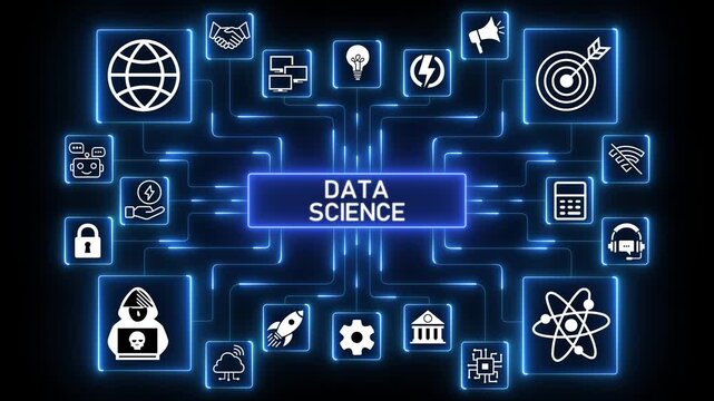 Digital platform network animation with connected technology icons and glowing nodes, abstract software system workflow and infrastructure visualization on dark background.4k Animation.