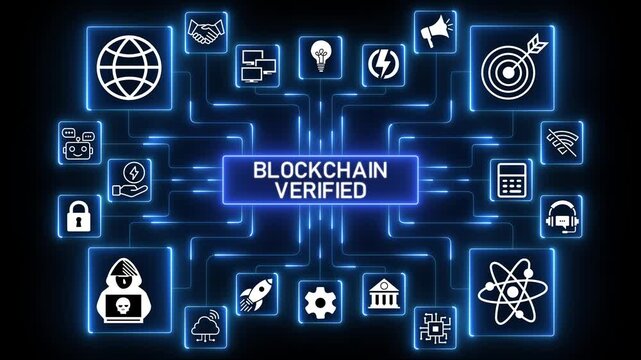 Connected digital services network animation with modular technology icons and glowing data links, abstract distributed system workflow visualization on dark background.4k Animation.