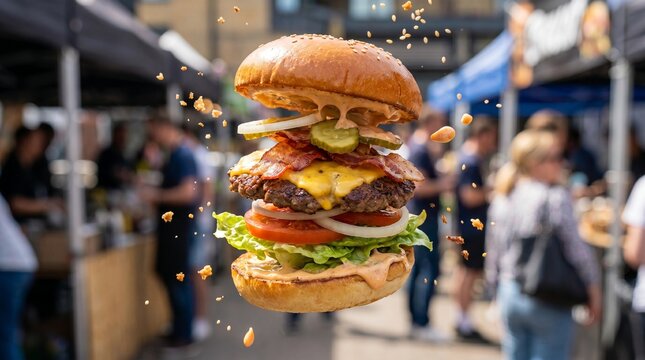 Delicious burger with cheese bacon and lettuce floating in air at outdoor food