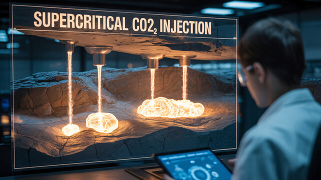 A scientist examines a digital representation of supercritical co2 injection on a large screen display in a laboratory setting with futuristic equipment