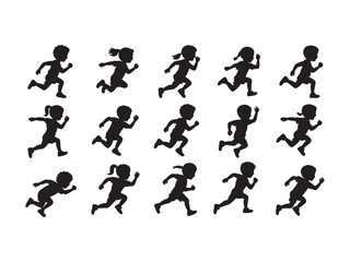 Group of black silhouettes of children running in various poses and directions, isolated on a white background, representing movement, speed, play, and active childhood lifestyle