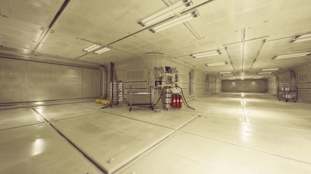 Compact emergency zone with red extinguishers and tool cart, bright ceiling lights creating long reflections, marked safety strip near access ramp, clean metal