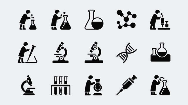 Set of 15 Black Science Lab and Research Icons Vector