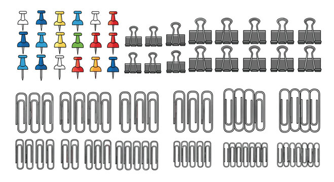 Organized set of various office stationery items including colorful push pins, binder clips, and metallic paperclips on a white background.