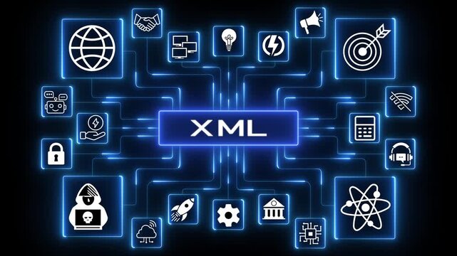 XML Data Structure Network Connections and Icons on 4K black background visuals.4k Animation.