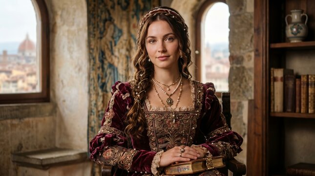Elegant Renaissance woman portrait in luxurious medieval dress inside historic Italian palace interior with book