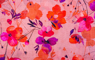 Fototapeta premium Close-up of a pink and orange floral patterned fabric with a delicate watercolor effect watercolor delicate botanical