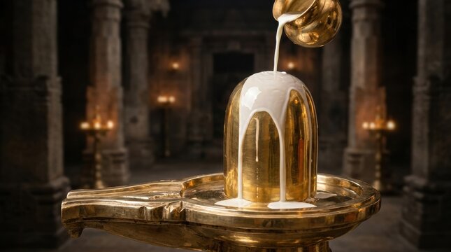 Milk Abhisheka ritual on golden Shiva Lingam in a temple