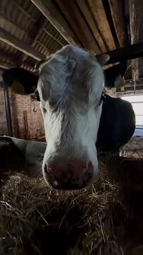 Big tricolor beautiful bull on the farm