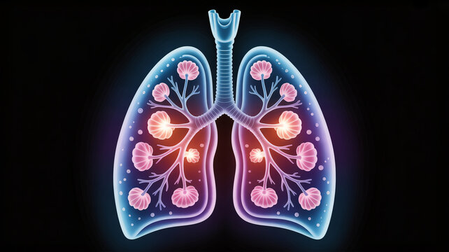 Anatomical illustration of lungs with bronchi and bronchioles on black background showing healthy and inflamed areas