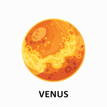 Illustration of the planet Venus with its textured surface and atmosphere depicted in warm orange and yellow tones