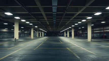 Naklejka premium Empty multi story car parking garage facility with concrete pillars, fluorescent lights, and yellow marking lines creating a spacious underground urban architecture