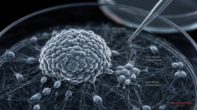 Induced pluripotent stem cell colony, demonstrating early neural differentiation, advanced biological development in a laboratory environment, scientific investigation.