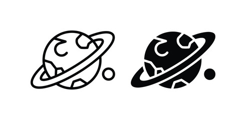 Planet with Ring Icon Set, Cosmic Celestial Body Vector Graphics, Space Exploration Symbols, Astronomical Object Illustrations © Rima