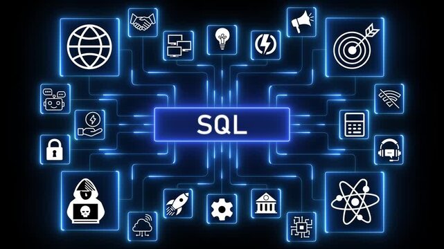 4K Abstract Visualization of SQL Language, Relational Databases, and Data Querying. 4K black background visuals.4k Animation.