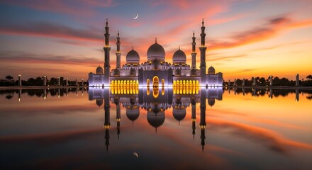 Obraz premium Sheikh Zayed Grand Mosque illuminated at sunset with reflection on water